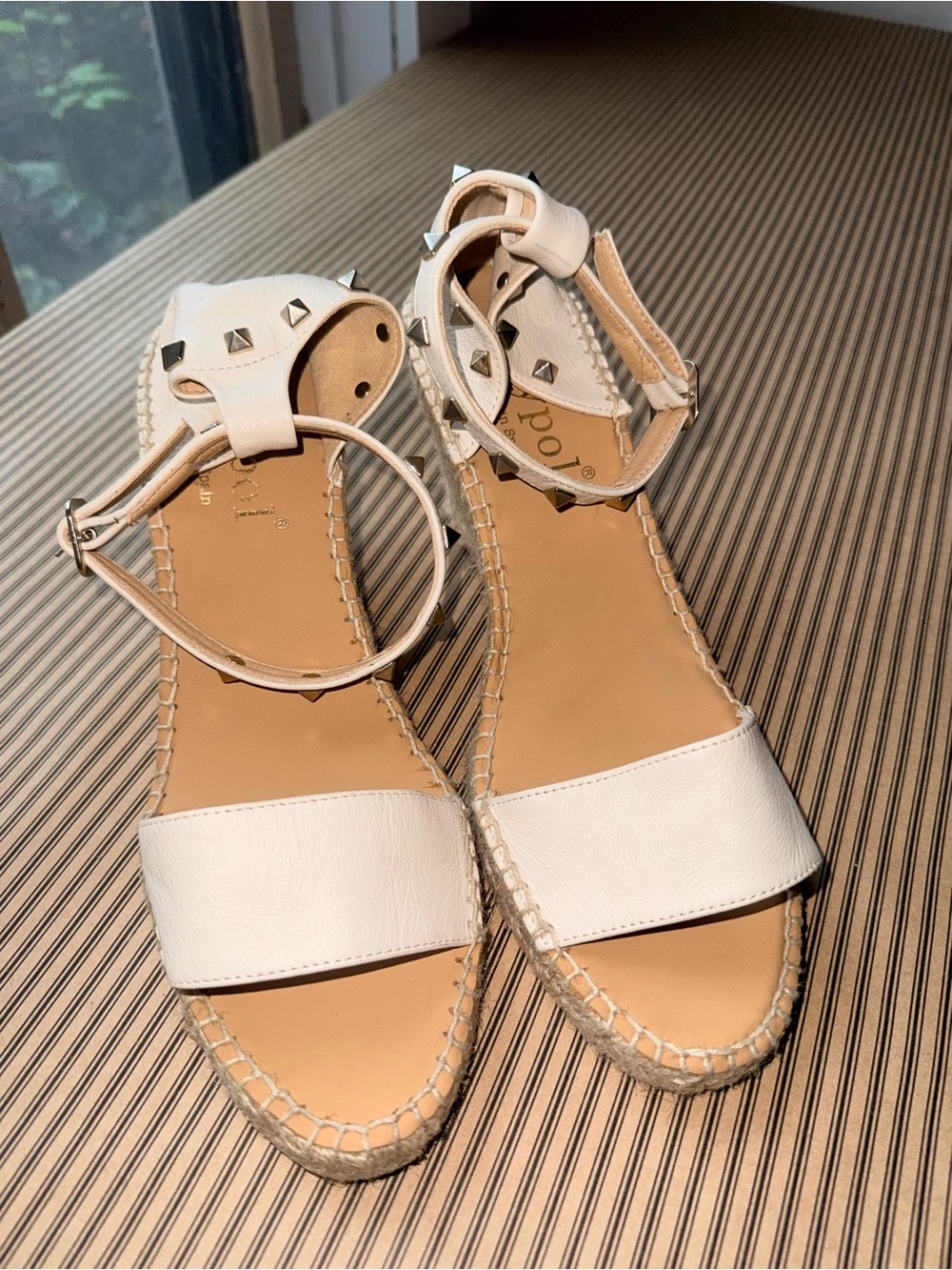 Studded White Ankle-Strap Espadrille Sandals - Women - Picture 1 of 5